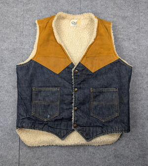 Vintage Denim Vest Men Large Western Faux Sherpa Lined Rodeo 70s Cottage Country